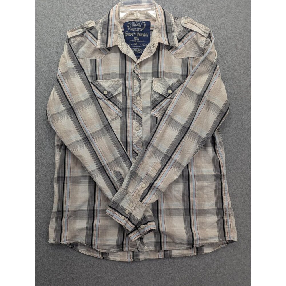 Supply Company USA Shirt Mens Medium Beige Plaid Western Pearl Snap Long Sleeve